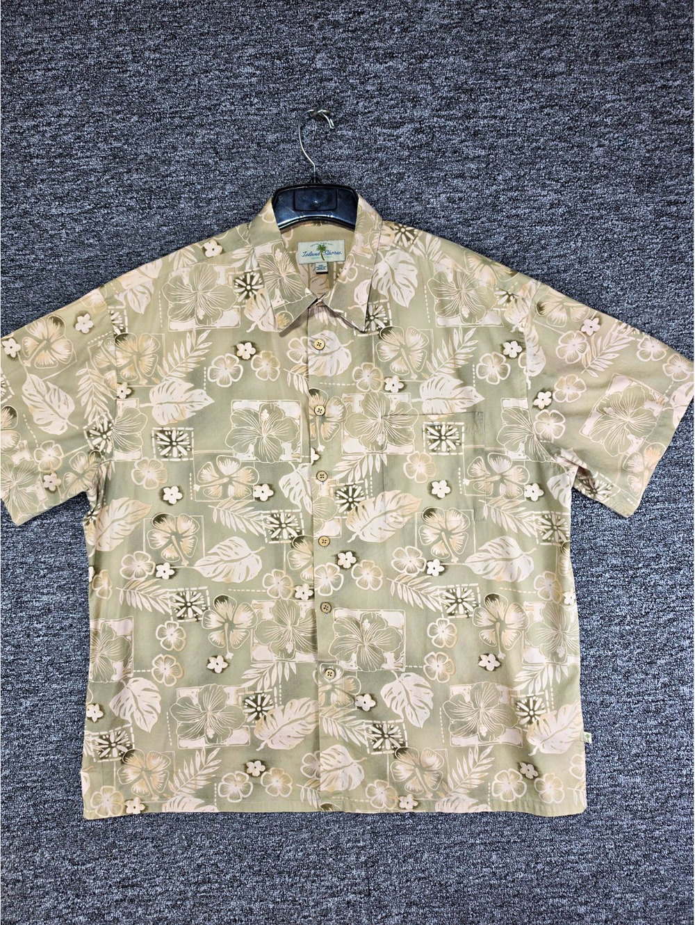 Island Shores Men's 2XL Green/White Tropical Floral Cotton Button-Up